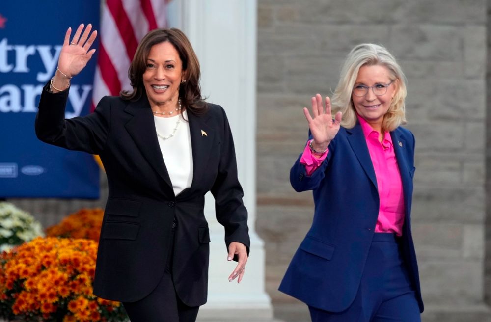 A picture of Kamala Harris and Liz Cheney smiling and waving during one of Vice Presidents Harris's campaign events.