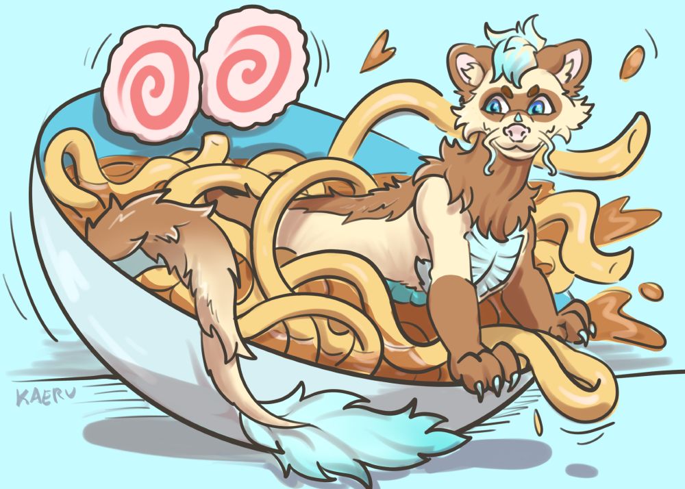 A drawing of a half ferret half dragon character in a bowl of udon noodles rocking the bowl and spilling sauce out the sides.
