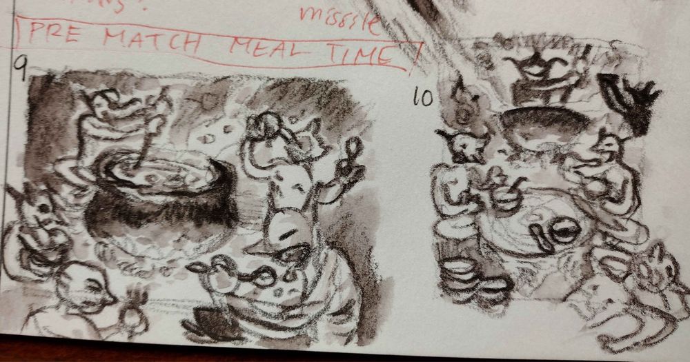 Progress thoughts on the best way to frame the cooking scene with 2 alternate angles of how it should be seen! 