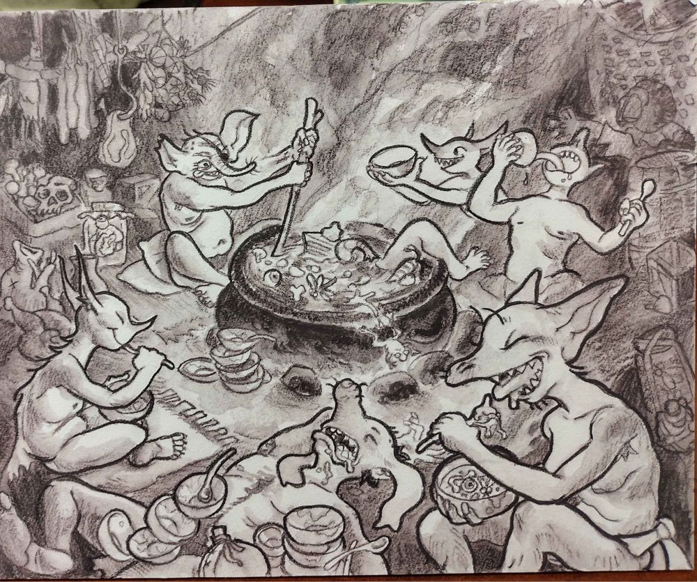 The final version of 5 goblins and their gaffer sitting down for their meal, done on paper! 