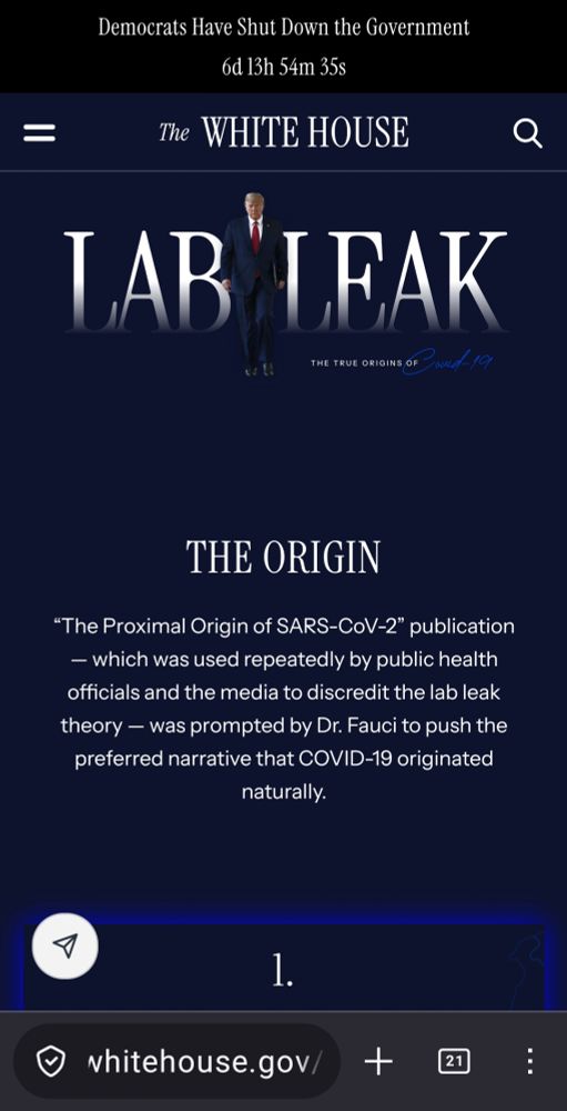 Several shots of the page that now redirects to one that blames a lab leak for Covid, followed by more conspiracy garbage