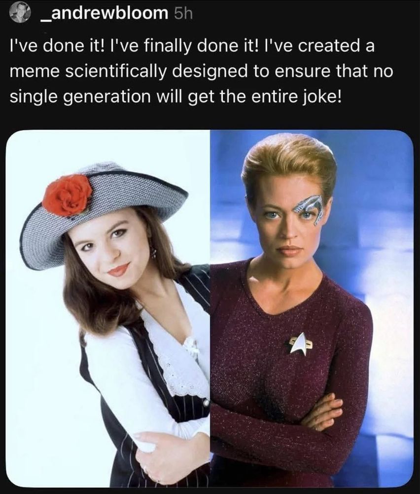 “l've done it! I've finally done it! I've created a meme scientifically designed to ensure that no single generation will get the entire joke!”

Six and Seven of Nine
