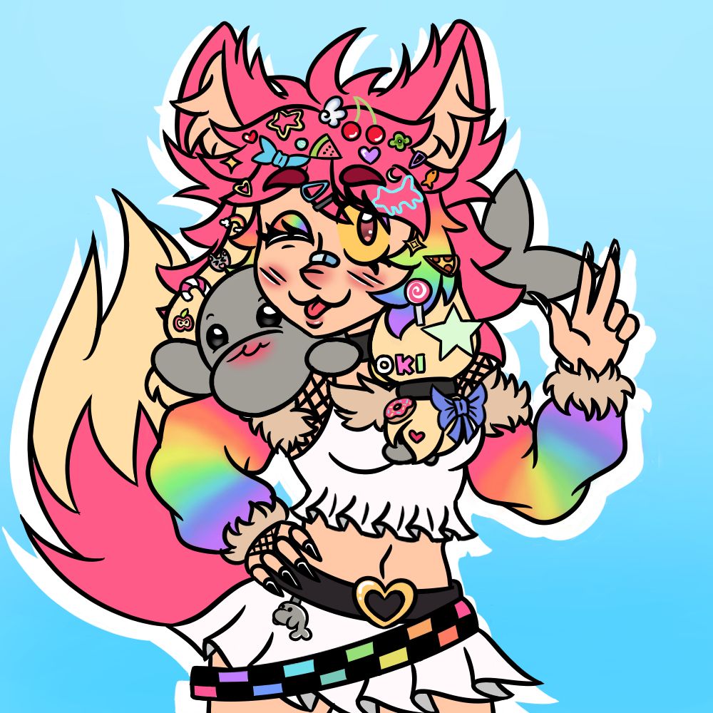 An art fight attack/friendly fire for Prism the Decora Fox! She is striking a pose, with her left hand on her hip while the right hand is doing a peace sign. She is winking and is sticking her tongue out. Flippy the seal, Prism's companion is laying on Prism's shoulders while waving. The backgrounnd is a light to dark blue gradient with a white outline around Prism. 