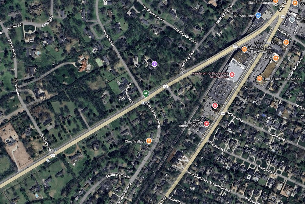 Fatal crash location on Harding Pike near Percy Warner Blvd. Screen capture courtesy of: https://middletncycling.com/fatal-crash-reports/