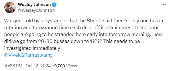 Text of a MAGA complaining about being stranded in the heat and horse manure at a Trump campaign rally in 2024. 