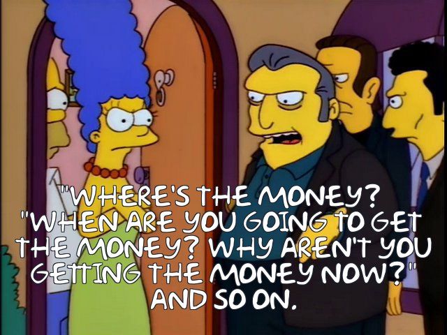 A scene from The Simpsons with Fat Tony explaining to Marge that his wife wants him to extort money from Homer.