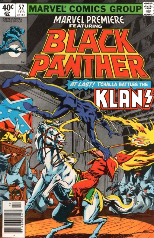 The cover to Black Panther #52, in which he fights the KKK.