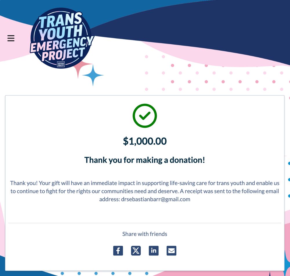 Screenshot of confirmation of $1,000 donation to Trans Youth Emergency Project