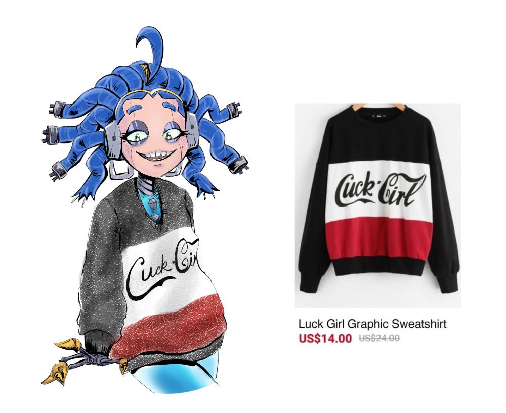 Bird the Robot wearing a graphic sweater that says "Cuck Girl" instead of "Luck Girl"