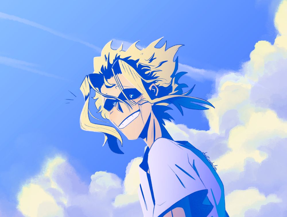 portrait fanart of toshinori yagi /all might from my hero academia. wind is blowing in his hair and there's big clouds behing him. the color scheme is limited to blues and yellows