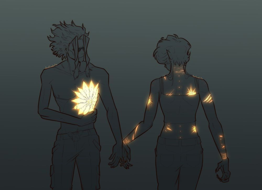 monochrome sketch portraying toshinori yagi/all might and my werewolf oc, seluna. toshinori is shirtless to show his large scar on the chest, while seluna is giving her back to the viewer to show her multiple scars from her time as a hound. they're holding pinky fingers