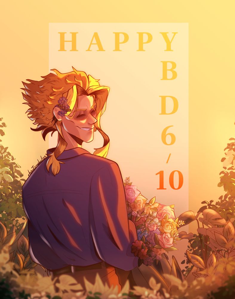 toshinori yagi/all might standing among plants, holding a bouquet of flowers while smiling towards the viewer