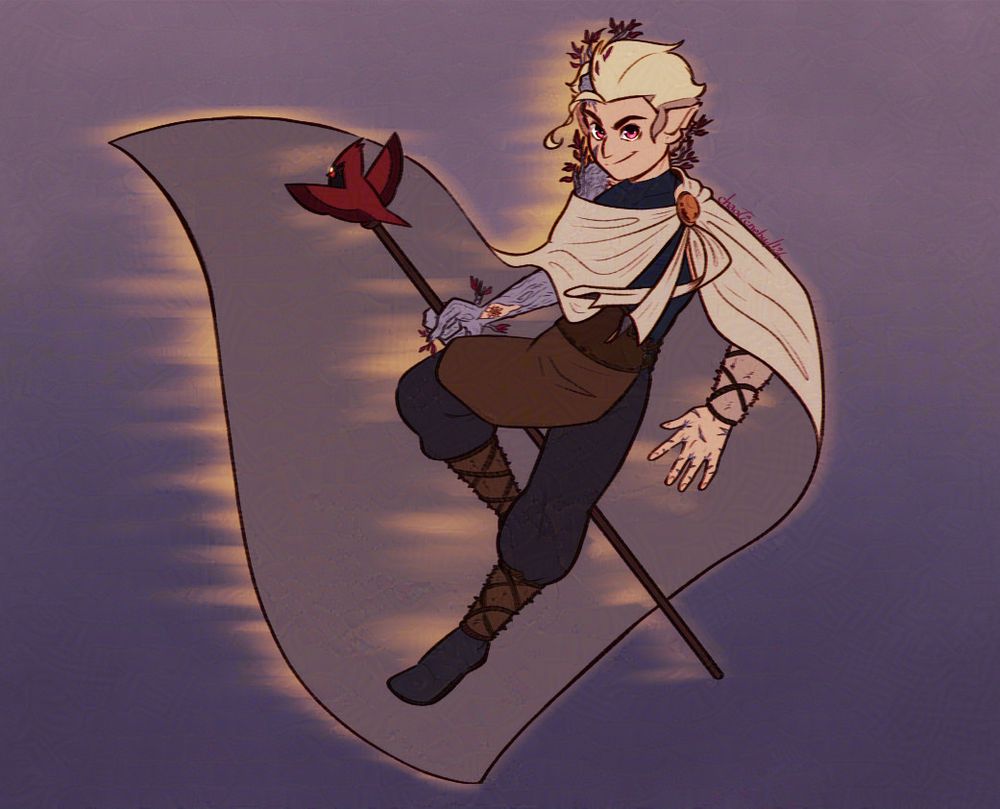 hunter from the owl house, but palistrom au where he's got blue palistrom bark growing on his right arm and shoulder. he's performing his signature teleport spell