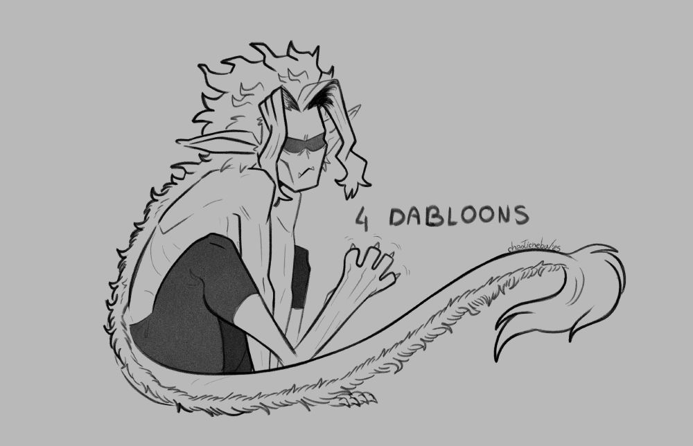 chibi sketch of toshinori yagi/all might, but noumu au where he's developed a tail, ridged mane and feral feets due to experimentation