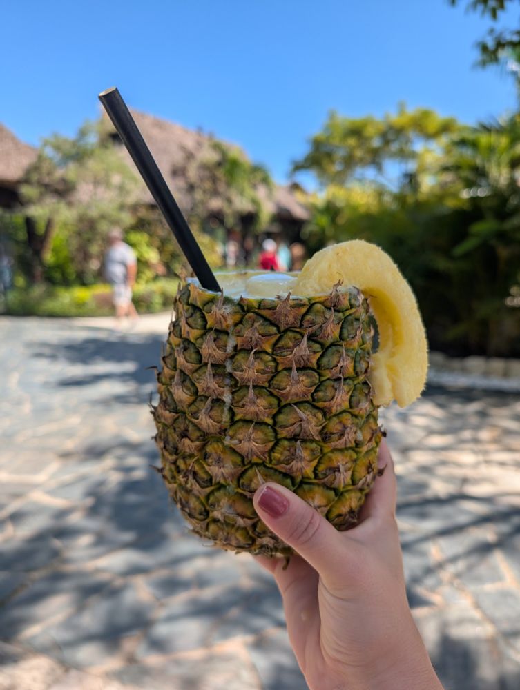 Pina colada drink in a pineapple being held with palm trees in the background. 