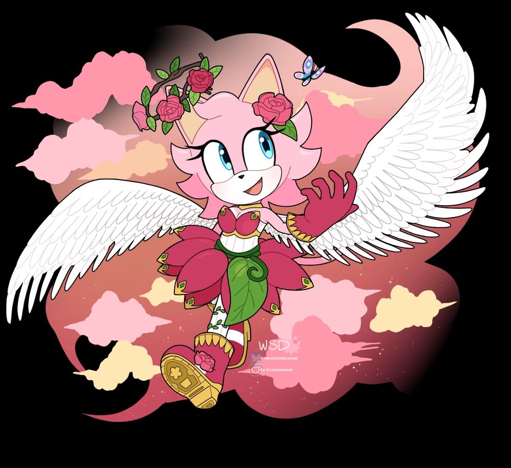 Enlightened Rosie (Athena) flying in a starry sky filled with red, orange, yellow, and pink hues. 
She smiles happily looking upon a butterfly. 