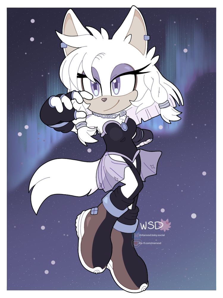 This is a beautiful Sonic Oc! Just looking at their design reminded me of auroras, so I immediately decided on making one for the background. I already had the pose in mind for this Oc. Pose was a little difficult, but I thought I'd only struggle with the shoes of this Oc, so I confidently continued on. 
Turns out it was the hair I struggled with the most, I think it was because of the pose I chose. I couldn't think of a better pose for this Oc so I continued on anyways, reminding myself that this is practice and that struggle is always needed to improve! 
This was an amazing character to practice with, in the end I believe the piece came out nicely! 