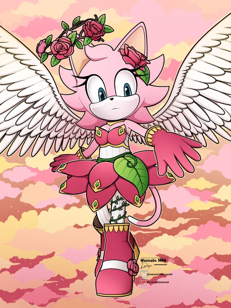 Enlightened Rosie (Athena) flying in a starry sky filled with red, orange, yellow, and pink hues. 
She gives off a powerful stance looking at the viewer. 