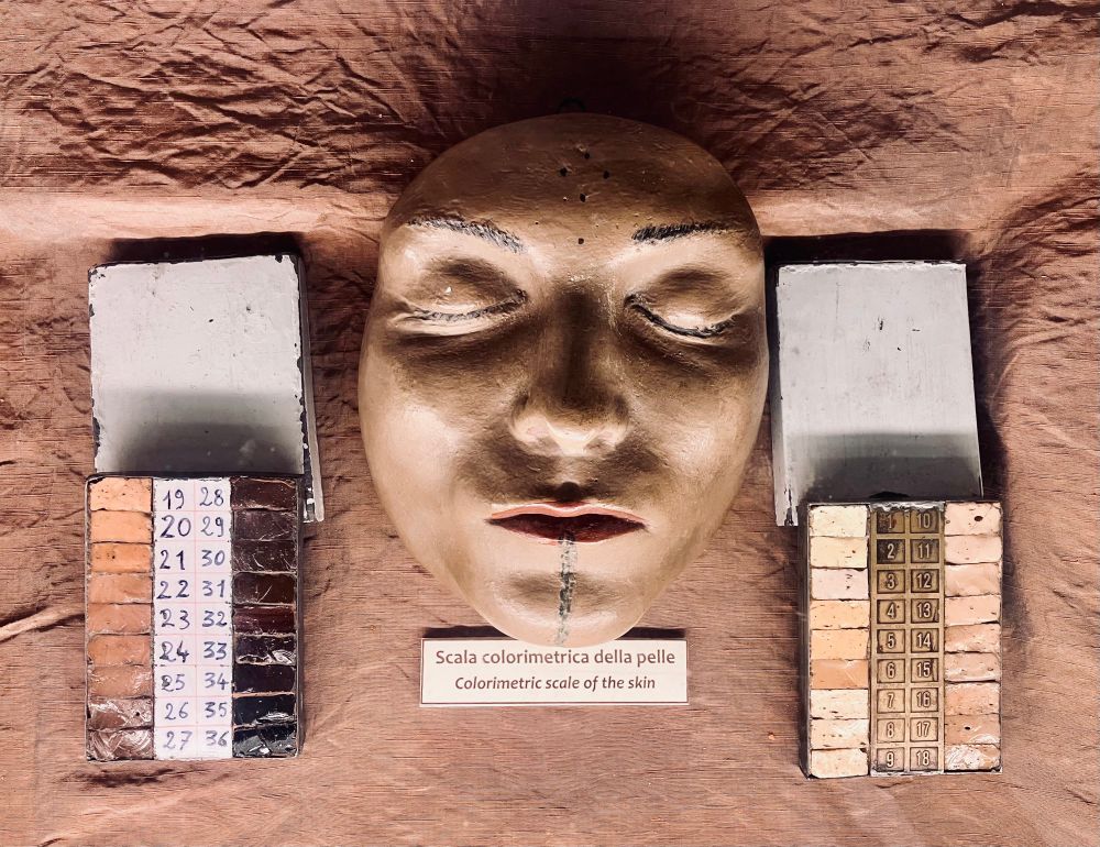 A living mask taken from a human, displayed next to a colour chart of human skin colours, from the 1930s