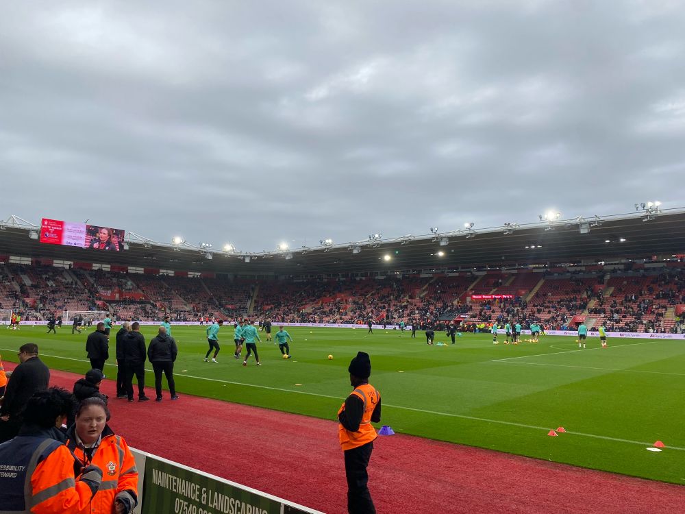 Saint Mary’s Stadium in Southampton. Liverpool players warming up.