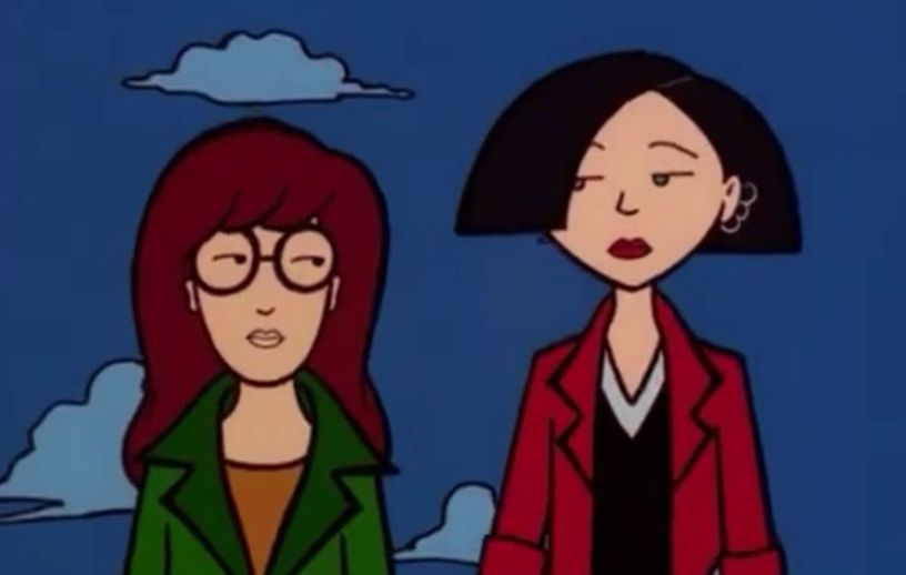 Daria Morgandorfer and Jane Lane from the animated TV series DARIA (1997-2002) are sharing a skeptical glance at one another.