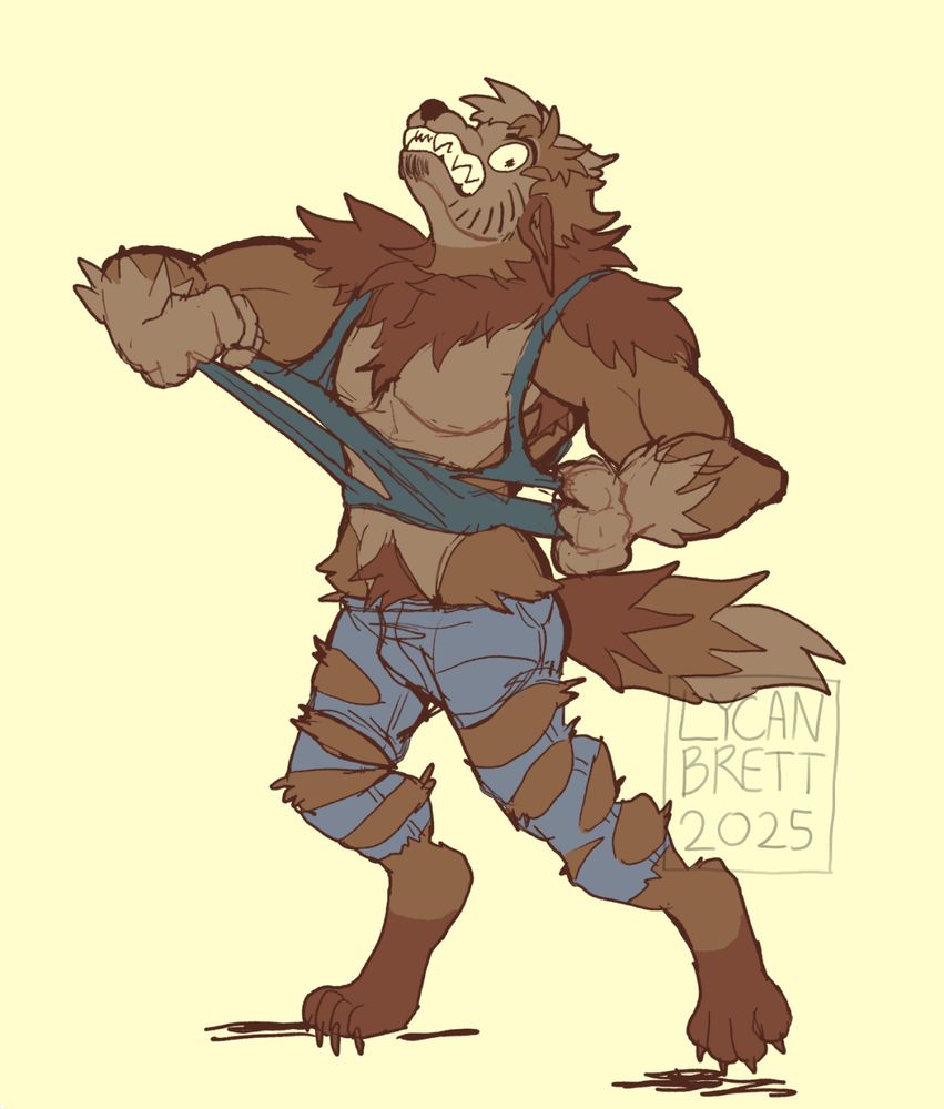 Furry TF art of the artist's werewolf character, Brett, ripping his tank off after his transformation.