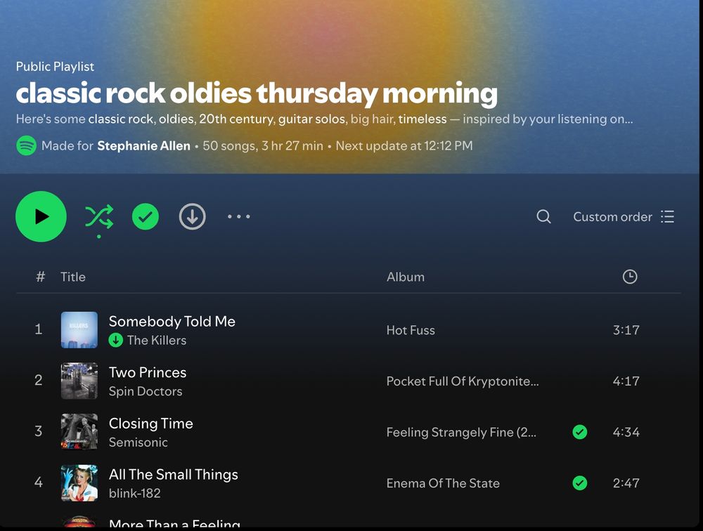 Screenshot of a Spotify playlist entitled "classic rock oldies thursday morning". The first four songs are visible and include selections from The Killers and blink-182.