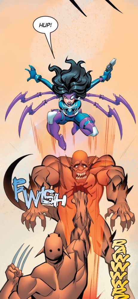 Web-Head jumps up out of the way, letting one monster’s claws stab another monster. 
