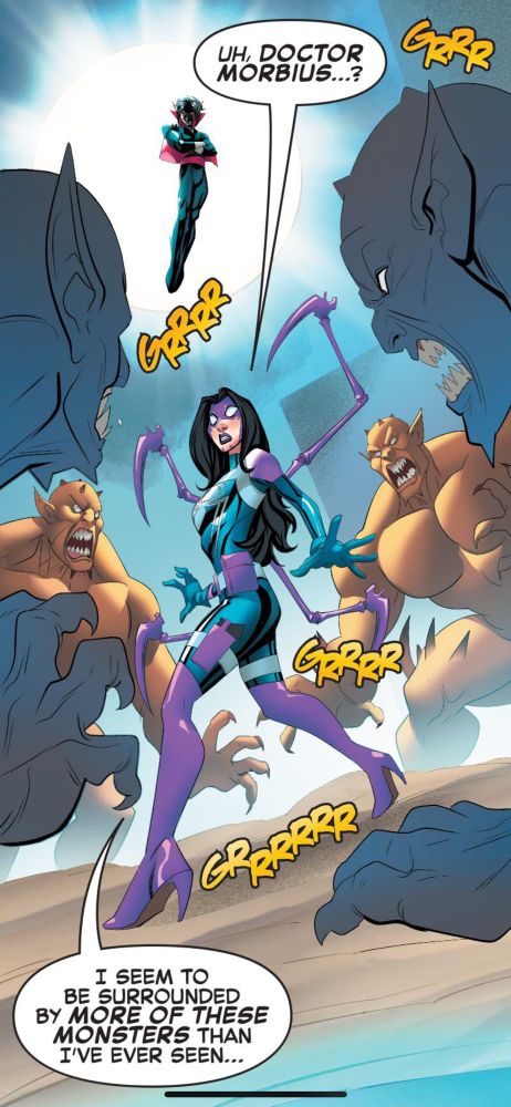 Web-Head is surrounded by monsters, while Morbius floats above it all. “UH, DOCTOR MORBIUS...? I SEEM TO BE SURROUNDED BY MORE OF THESE MONSTERS THAN I'VE EVER SEEN...”