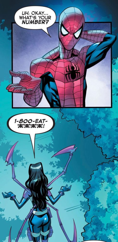 SPIDEY: UH, ОКАУ..WHAT'S YOUR NUMBER?
WEB-HEAD: 1-800-EAT-勉夠夠孩！