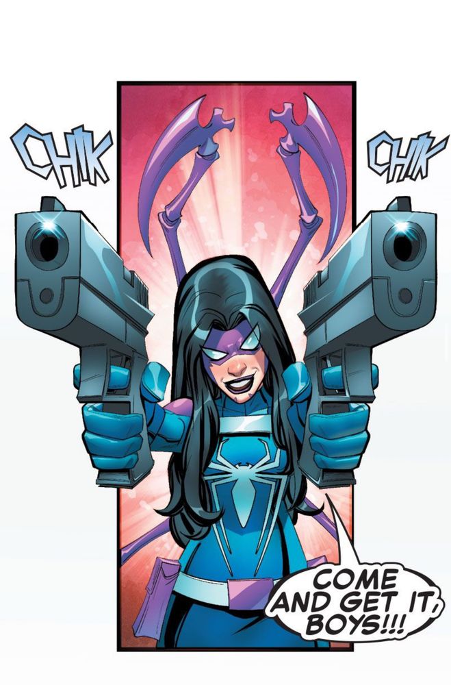 Web-Head points two pistols straight into camera. “COME AND GET IT, BOYS!!!”