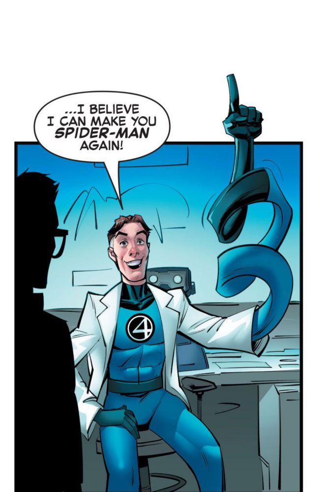 Reed points an elongated finger into the sky. “...I BELIEVE I CAN MAKE YOU SPIDER-MAN AGAIN!”