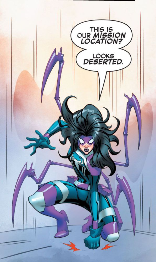 Web-Head lands on the ground. “THIS 15
OUR MISSION LOCATION? LOOKS DESERTED.”
