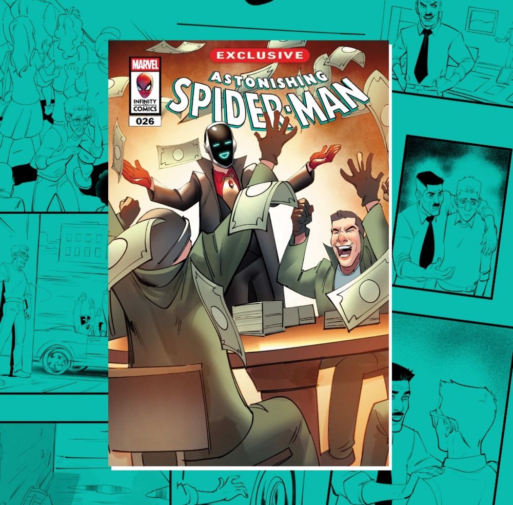The cover to Astonishing Spider-Man 26, featuring The Crime Lord and his goons throwing money in the air, celebrating 