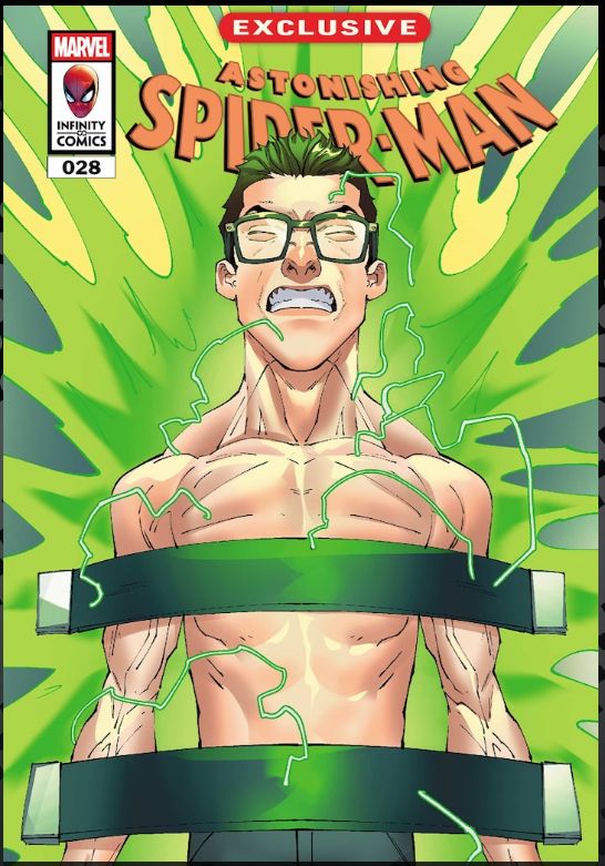 The cover to Astonishing Spider-Man 28, featuring Peter Parker on a lab table, being zapped by a ray as he grimaces in pain