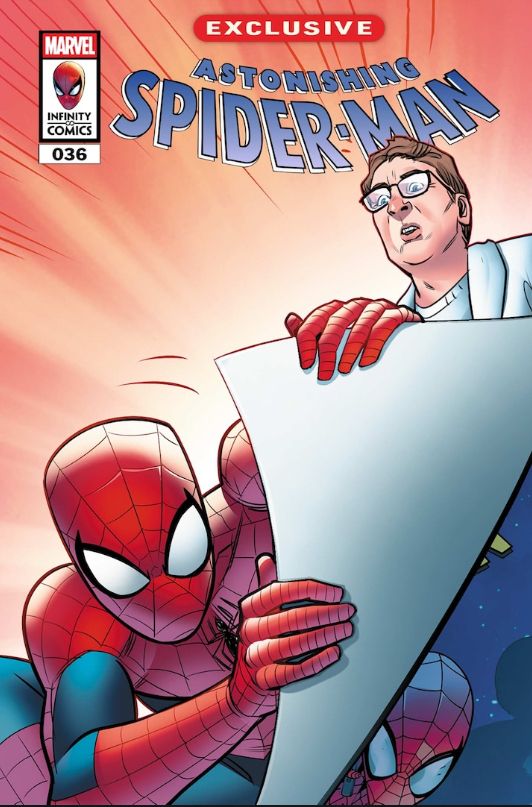 The cover of Astonishing Spider-Man 36, featuring Spidey peeling back the corner of the page while Scott Aukerman watches 