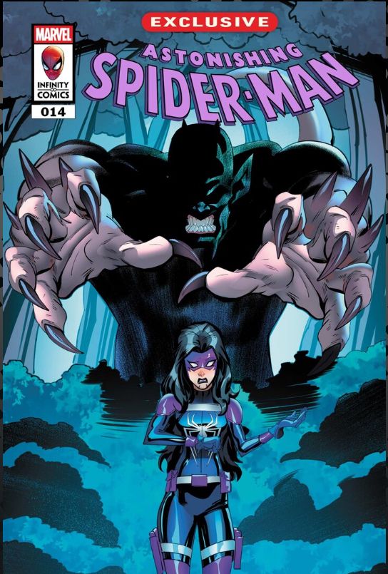 The cover to Astonishing Spider-Man 14. Web-Head is standing with her back to an approaching monster with its claws outstretched. 