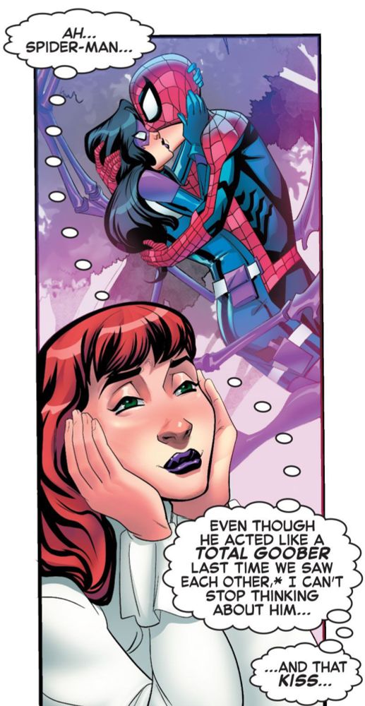 Lynda Locke fantasizes about kissing Spider-Man. “AH...SPIDER-MAN...
EVEN THOUGH HE ACTED LIKE A TOTAL GOOBER LAST TIME WE SAW EACH OTHER, I CAN'T STOP THINKING ABOUT HIM...
...AND THAT KISS...”