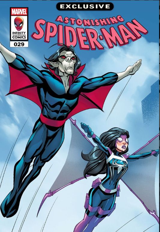 The cover to Astonishing Spider-Man 29, featuring Morbius and Web-Head flying