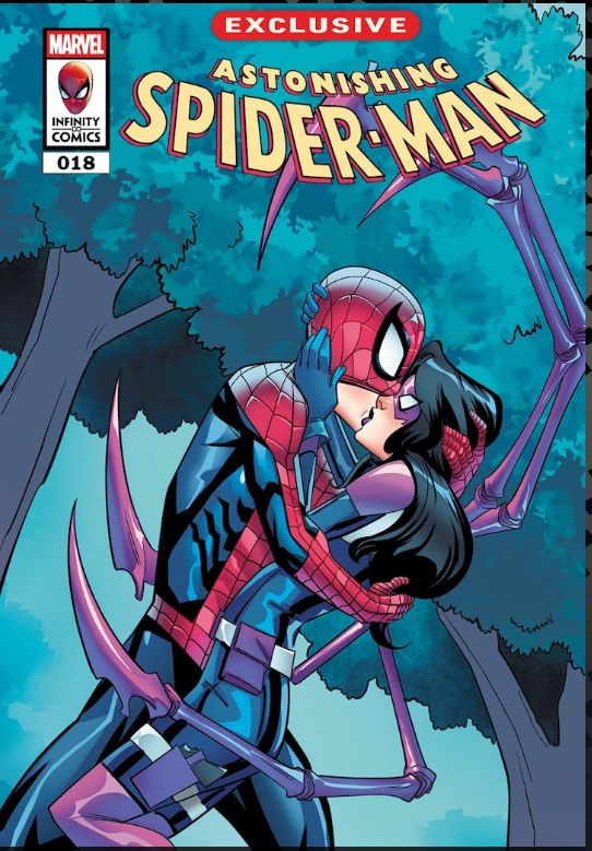 The cover of Astonishing Spider-Man 18, featuring Spidey and Web-Head kissing 