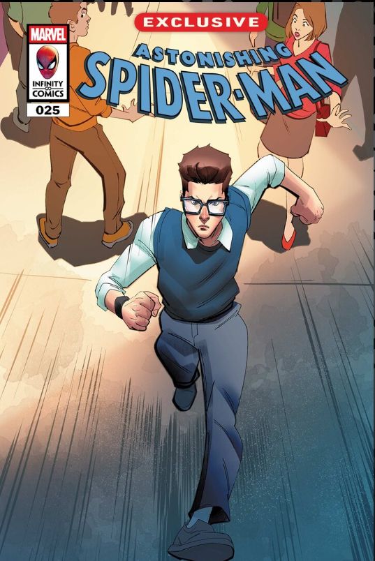 The cover to Astonishing Spider-Man 25, featuring Peter Parker running 