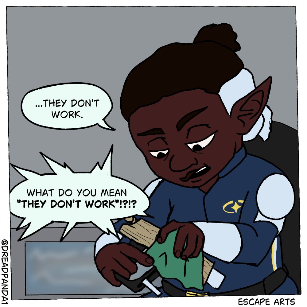 Panel 3 of the Escape Arts Comic: "...they don't work" Fabelora replies returning to her polishing. closer examination reveals that the wooden gun is intricate and has some metalic mechanisms to it. The Shark-man screams from off panel, "What do you MEAN they don't work!?!?"