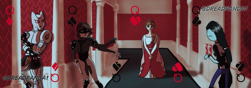 A 4-of-a-kind poker hand featuring Killer Queen from JoJos Bizarre Adventure, Queen from Persona 5, Anna from Frozen, and Marceline from Adventure Time. Killer Queen seems to have come to kill Anna in her castle home, but Marceline and Queen are onto him. Everyone's outfits have been slightly altered to match their assigned suits.