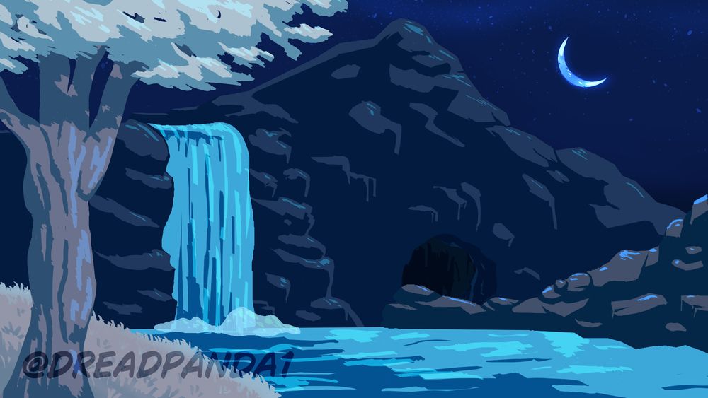 A scene of a moonlit cave and waterfall. The crescent moon shines bright blue and bathes the whole canvas in a watery glow.