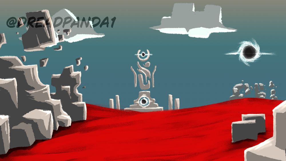 A strange floating tower amoungst a red sand field. A black star eluminates the field, one that matches two energy sources nestled within the tower's structure. A field of unworked, geometric stones float about the scene. 