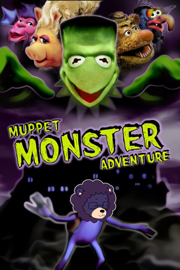 Dick Debonair edited onto a recolored Robin the Frog from "The Muppets" as Kermit, Ms. Piggy, Fozzy, Gonzo, and Muckity loom above the title: Muppet Monster Adventure