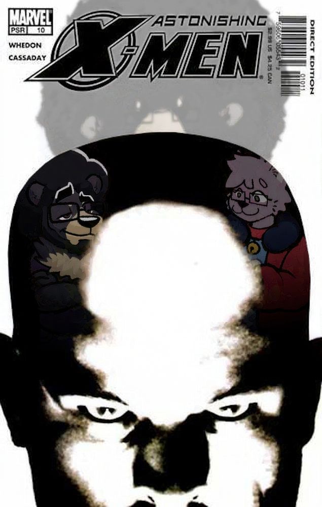 Dick Debonair & Steincatboi edited into the shadows of Professor X's head as the Canteen logo looms behind the group 