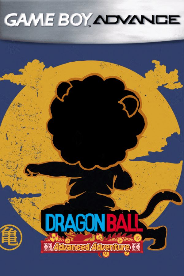 A silhouette of Dickdebonair (head edited onto the body of Kid Goku) doing a punching stance with the sun beset by clouds behind him on the cover of Dragon Ball Advance for the Nintendo Game Boy Advance. Live on Twitch Thursday! 