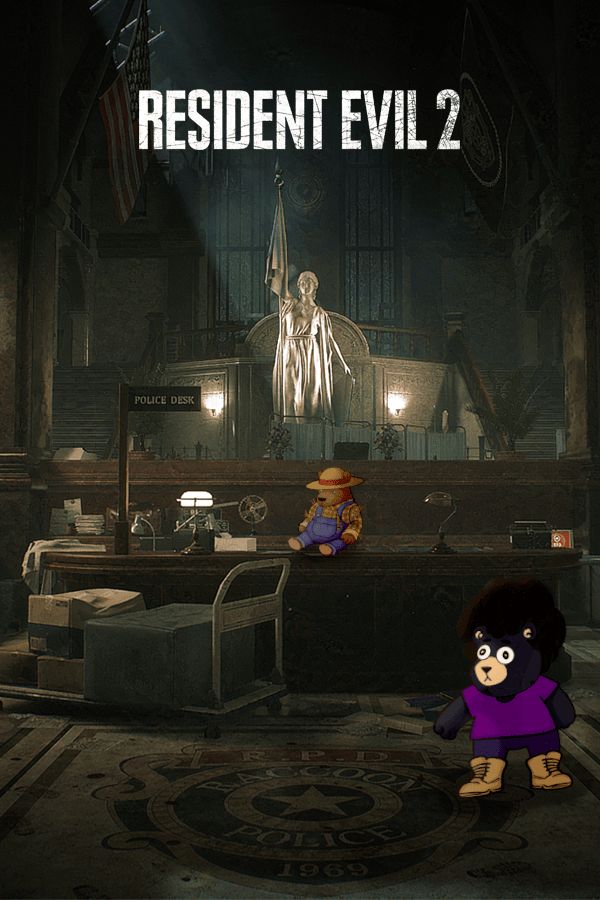 The Lobby of the Police Station in Resident Evil 2 with the Strawbear sitting on the desk with Dick Debonair staring off into the distance standing in the center of the lobby. The title hangs above the middle center of the frame. 