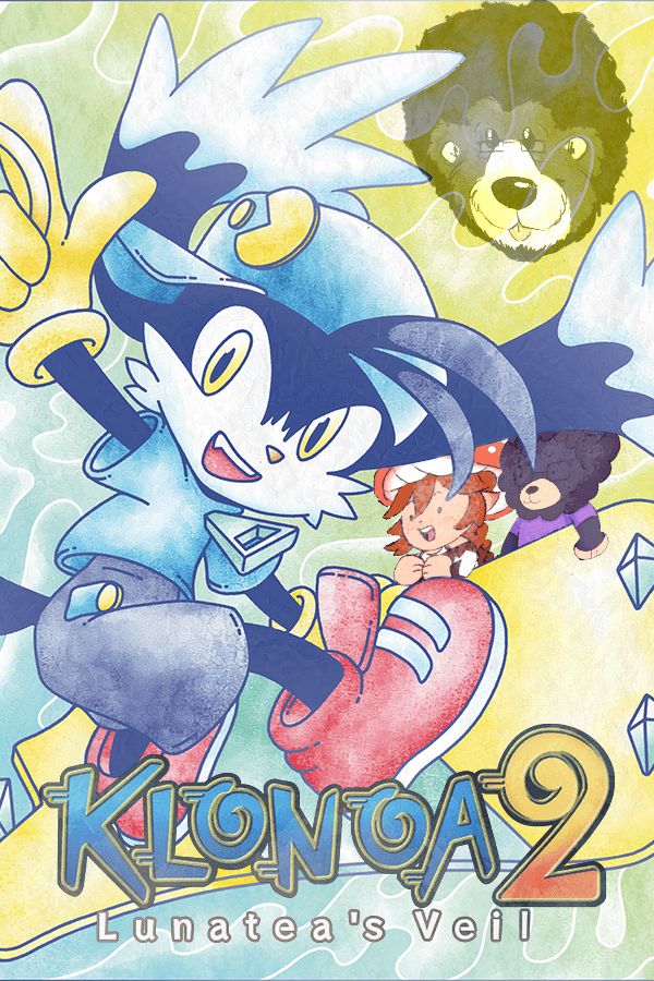 Dick Debonair & Emycelia hanging off the edge of Klonoa's hoverboard as he does a "really cool trick" for the cover of Klonoa 2: Lunatea's Veil for the Sony PlayStation 2 by NAMCO